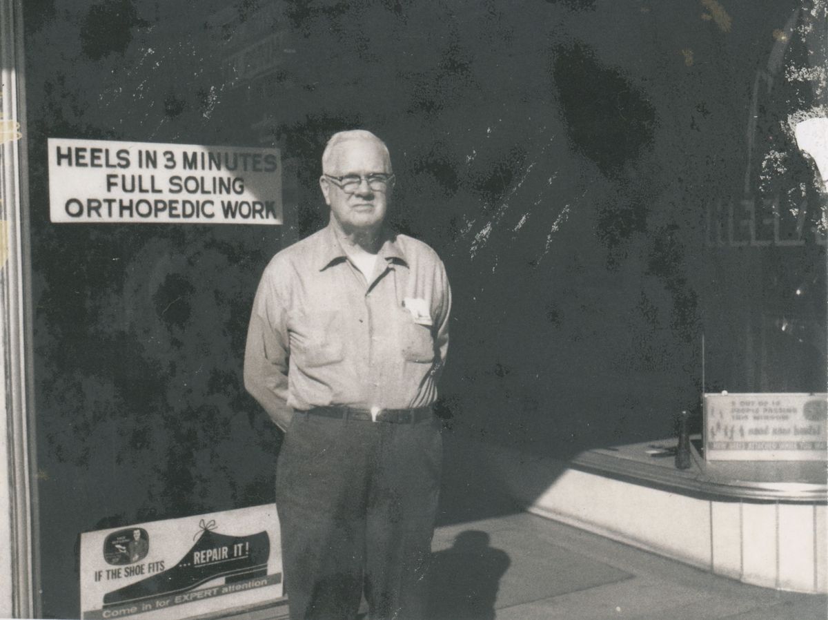 Grandfather E T Staton in front of Shoe Shop on Main Street Greenville SC