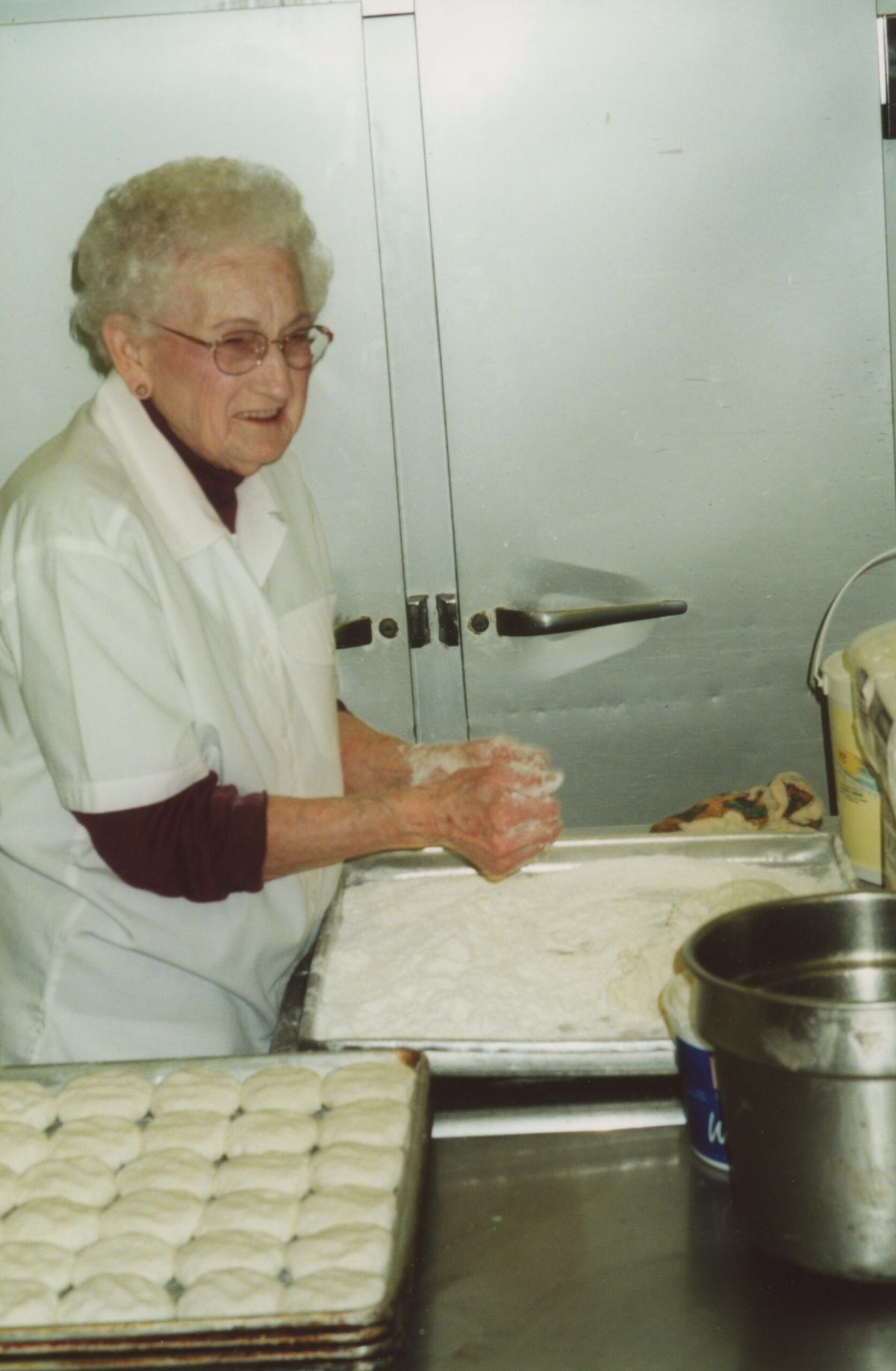 Grandmother Edith Hughes or Memommy making Biscuits at the Dixie Restaurant in Greenville SC about 2003
